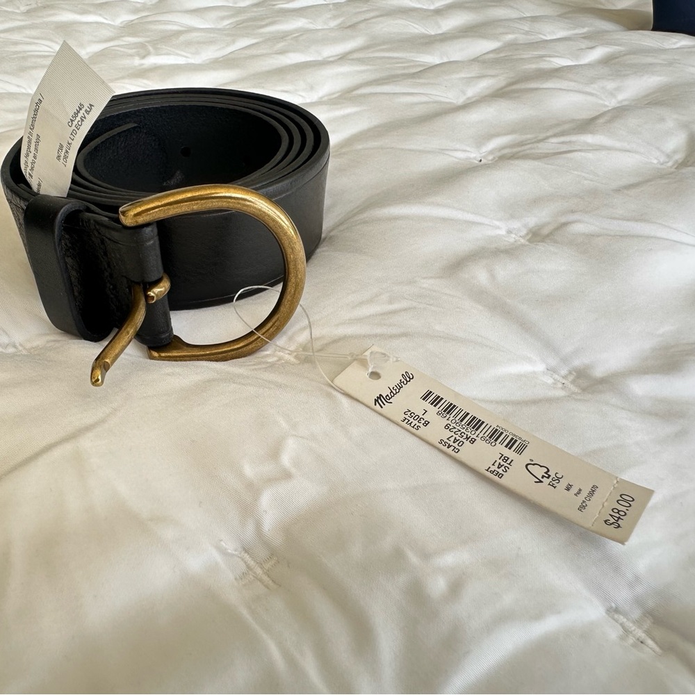 NWT Madewell Black Leather Belt with Antique Gold D-Ring Buckle